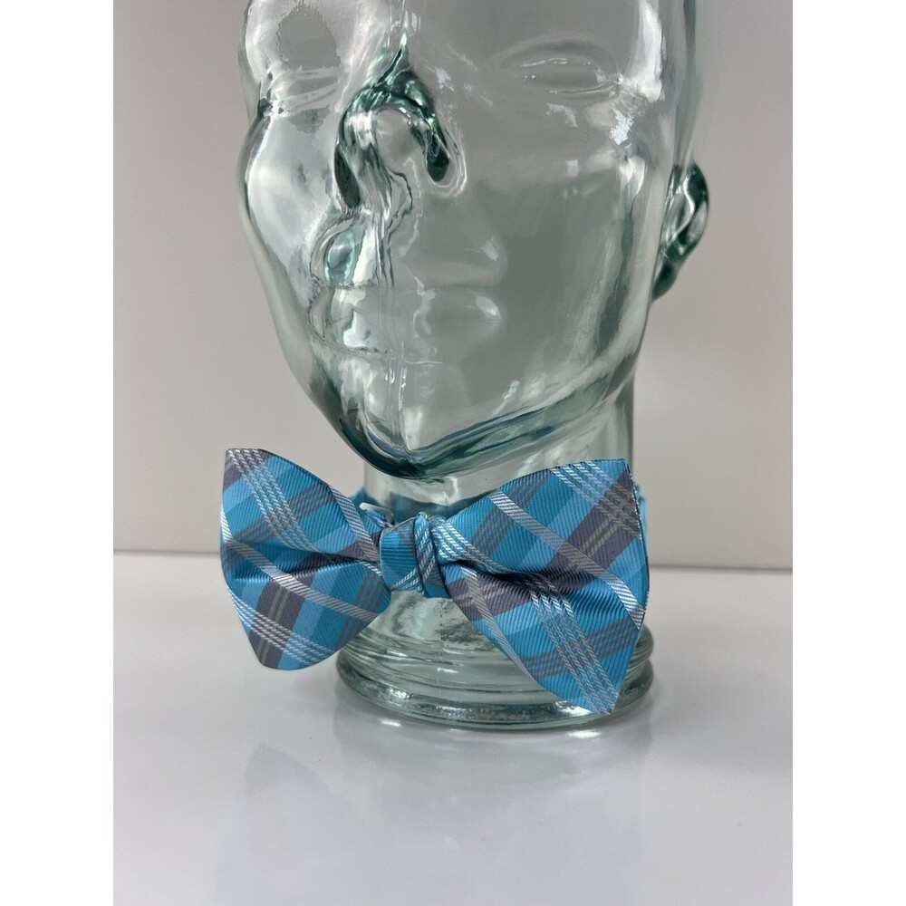 NEW PreTied Grey & Blue Plaid Bow Tie Neck Tie Adjustable Size Ballroom Formal
